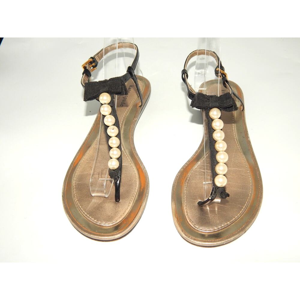 Kate Spade Women Sandal Size 8.5 Bowtie Pearl Thong Black\White Sandals